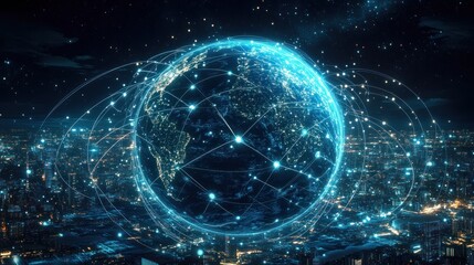 A futuristic digital globe over a city skyline, showcasing global connectivity at night