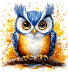 Fototapeta premium A cute owl with blue and orange feathers is perched on a branch. The owl has big eyes and a curious expression, making it appear as if it is looking at the viewer. The image has a warm