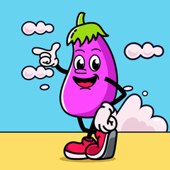 Cute and fun retro eggplant cartoon character vector illustration. Cool and fun eggplant character print design.