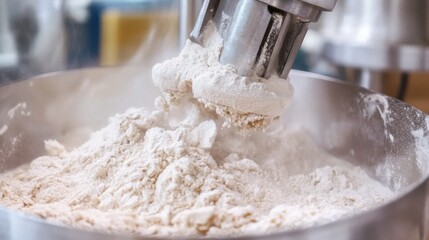 Industrial grinders processing grains into fine flour in a food production unit.