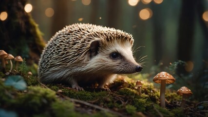 A hedgehog in a forest setting surrounded by mushrooms and soft, glowing lights.