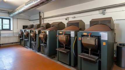 Obraz premium Large mixing machines blending ingredients for mass food production.