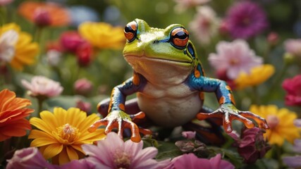 Naklejka premium A vibrant frog perched among colorful flowers in a lush garden setting.