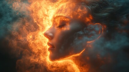 Fiery face portrait, smoke, dark background; mystical art