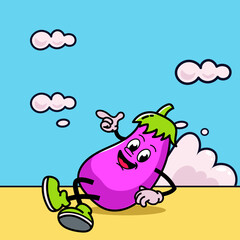 Cute and fun retro eggplant cartoon character vector illustration. Cool and fun eggplant character print design.