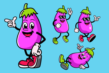 set Cute and fun retro eggplant cartoon character vector illustration. Cool and fun eggplant character print design.