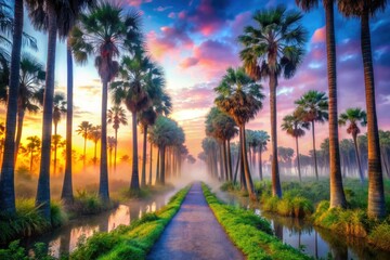 Obraz premium Wakodahatchee Wetlands: Dreamlike cabbage palms frame a surreal, Florida birding fantasy.
