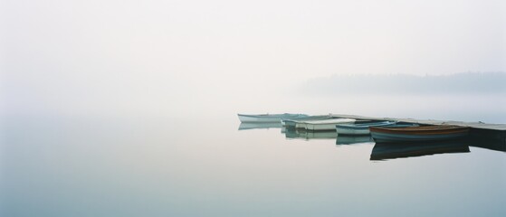 Moored boats rest quietly on a fog-covered lake, evoking a sense of calm and stillness in the soft, monochromatic morning mist.