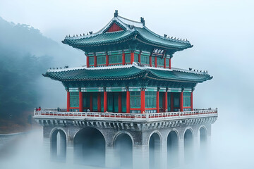 Foggy Mountain Temple, Asia, serene scene, travel poster