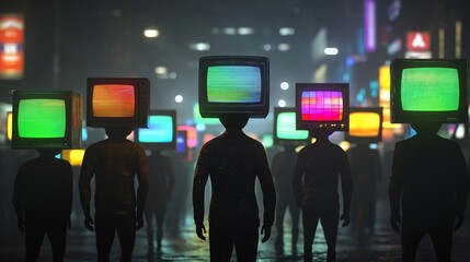 Obraz premium Crowd of figures with retro TVs as heads walking at night.