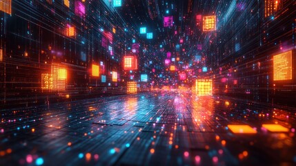 Obraz premium Futuristic digital landscape with vibrant glowing cubes and data streams