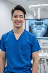 A young male dentist in blue scrubs smiles in dental clinic make patient feel comfortable