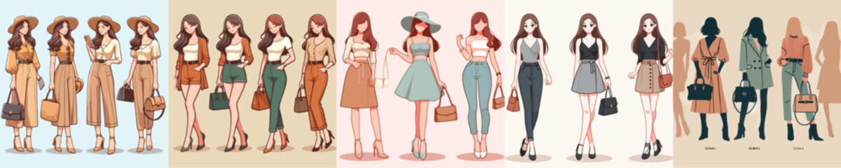 vector collection of beautiful female models wearing hats and bags