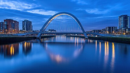Obraz premium Illuminated arch bridge reflecting in calm river at twilight.