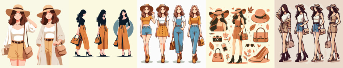 Obraz premium collection of vector characters of beautiful female models wearing hats and bags