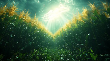 Obraz premium Sunlit Cornfield Path, Dramatic Sky, Rural Landscape, Agriculture