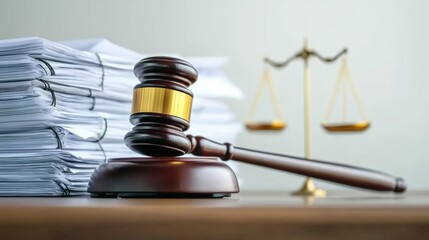 Close-up of a gavel resting on a wooden desk with legal documents, symbolizing law changes and judicial decisions in the legal system.