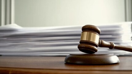 Close-up of a gavel resting on a wooden desk with legal documents, symbolizing law changes and judicial decisions in the legal system.
