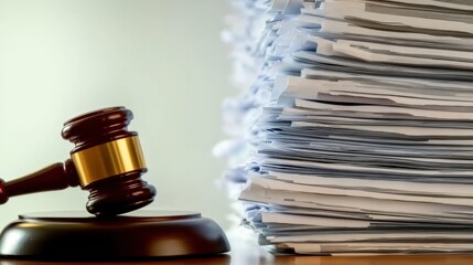 Close-up of a gavel resting on a wooden desk with legal documents, symbolizing law changes and judicial decisions in the legal system.