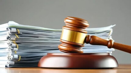 Close-up of a gavel resting on a wooden desk with legal documents, symbolizing law changes and judicial decisions in the legal system.