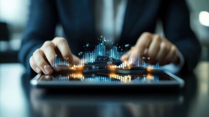 Fototapeta premium Business person financial data on tablet hologram office setting digital concept visualization