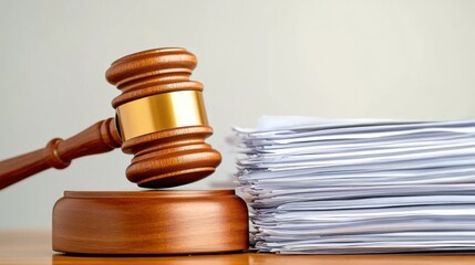 Close-up of a gavel resting on a wooden desk with legal documents, symbolizing law changes and judicial decisions in the legal system.