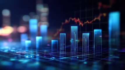 Fototapeta premium Dynamic financial data visualization with glowing blue holographic elements in a modern urban environment concept