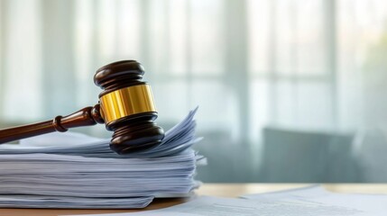 Close-up of a gavel resting on a wooden desk with legal documents, symbolizing law changes and judicial decisions in the legal system.
