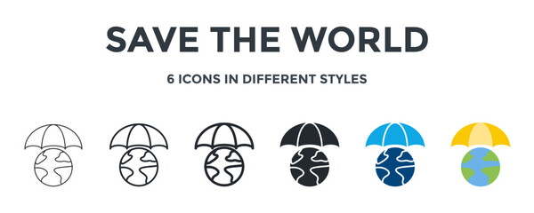 Save The World Icon In Different Style Vector Illustration. Designed In Thin Line, Regular Line, Bold Line, Glyph, Color Fill, And Flat Style Can Be Used For Web