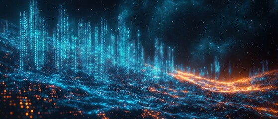 Fototapeta premium Futuristic digital landscape with glowing blue and orange data waves at night