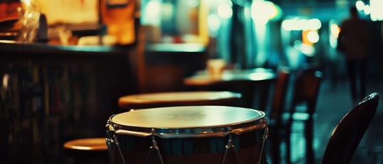 Naklejka premium A cozy bar setting with empty tables and soft focus creates an inviting ambiance, where a drum takes center stage, hinting at a musical night.