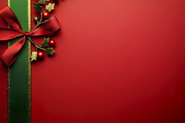Christmas background in red and green colors, empty space for text or design, and decorative elements like holly berries and bows, isolated on red paper texture background. Christmas composition with 