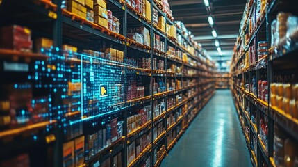 A modern warehouse filled with organized shelves of products, showcasing technology integration.