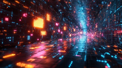Obraz premium A vibrant digital tunnel filled with glowing data streams and colorful lights