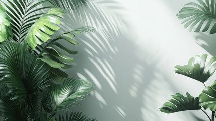 Lush green leaves casting shadows on a light wall.