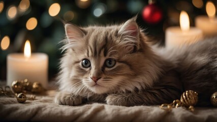 A cozy cat rests near candles and festive decorations, evoking a warm holiday atmosphere.