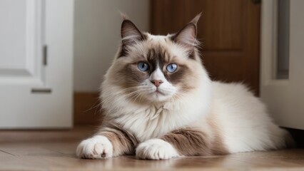 Chocolate point ragdoll cat laying on the floor indoor
