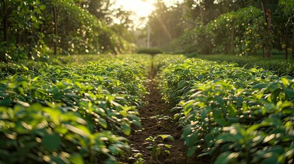 Fototapeta premium Rows of plants in a cultivated agricultural farm.