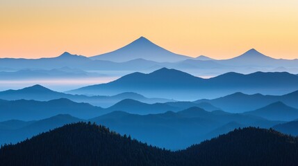 Naklejka premium Serene sunrise over layered blue mountains.