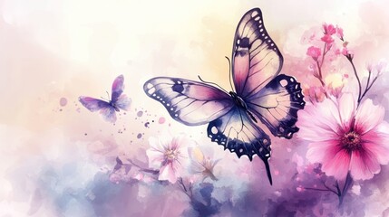 A vibrant illustration of butterflies among flowers in soft colors.