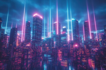 Futuristic city skyline illuminated by vibrant neon lights under a dramatic sky