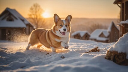 A playful corgi runs joyfully through snow at sunset, capturing a moment of winter bliss.