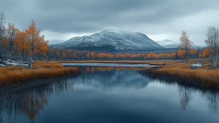 Fototapeta premium Autumn lake, mountain reflection, snowy peaks, moody sky, landscape