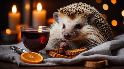A hedgehog sits beside a cup of tea and orange slices, creating a cozy atmosphere.