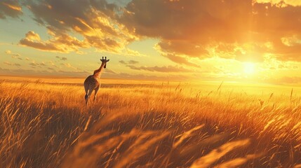 Fototapeta premium Giraffe silhouetted against a vibrant sunset in a golden savanna.