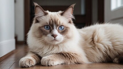 Chocolate point ragdoll cat laying on the floor indoor