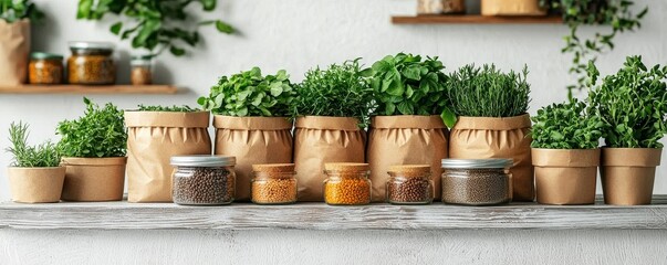 Obraz premium A vibrant display of potted herbs and spices in jars, arranged neatly on a counter, showcasing a fresh and natural kitchen aesthetic.