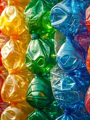 A vibrant display of colorful plastic bottles arranged in a decorative pattern, showcasing shades of yellow, green, blue, and orange.
