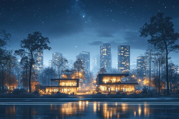 Serene lakeside view of modern homes illuminated at night against a city skyline