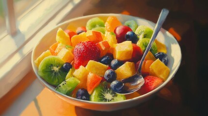Sunlit bowl of fresh fruit salad.